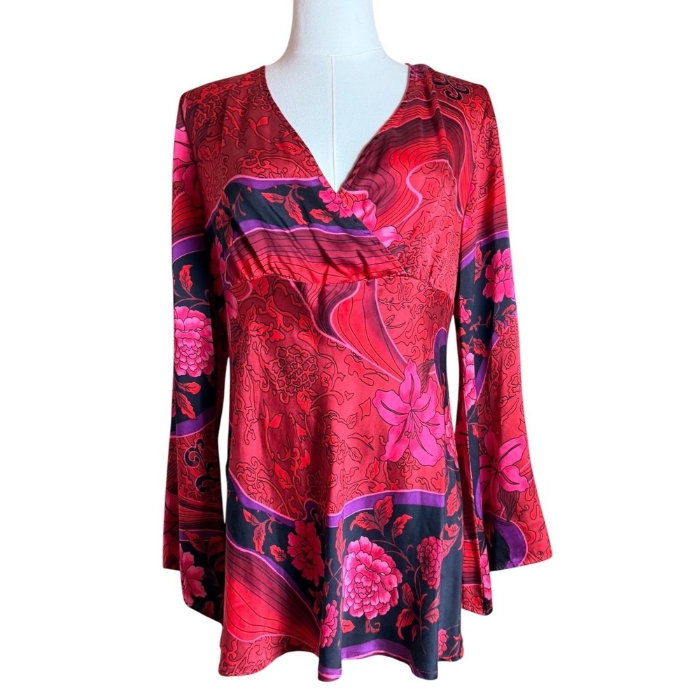 New York City Design Co 100% Silk Floral‎ Bell Sleeve Tunic Top Y2K Boho M